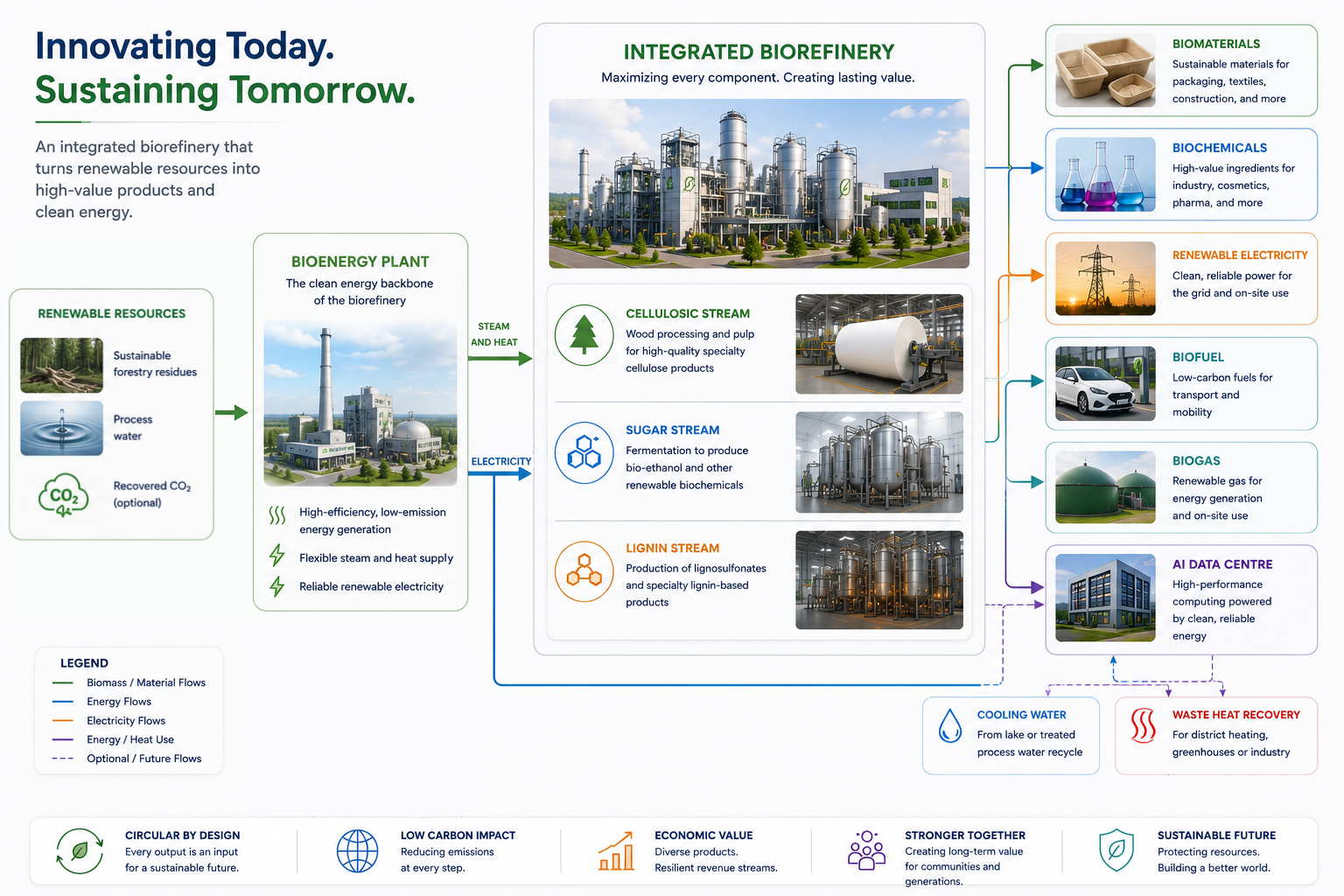 Integrated biorefinery concept showing renewable resources, energy generation, cellulose, sugar and lignin streams, and potential products.